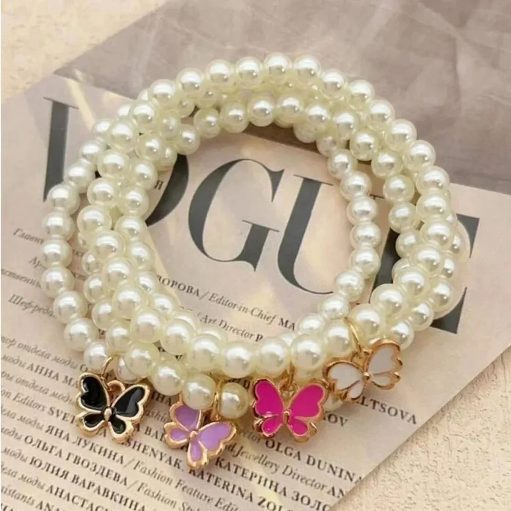 ⚠️Clearance 4pcs Faux Pearl Beaded Butterfly Charm Bracelet SS - Picture 2 of 3